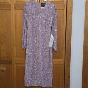 Mac Duggal Lilac Sequin V-Neck Long Sleeve Midi Dress Womens 6 NEW